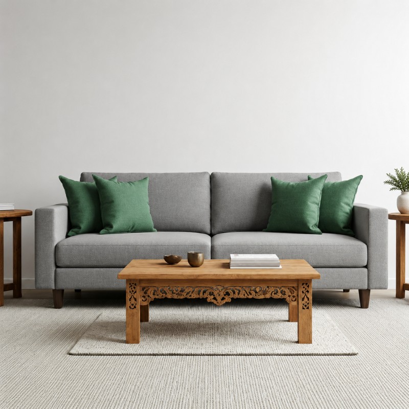 Living room with a gray sofa and green cushions