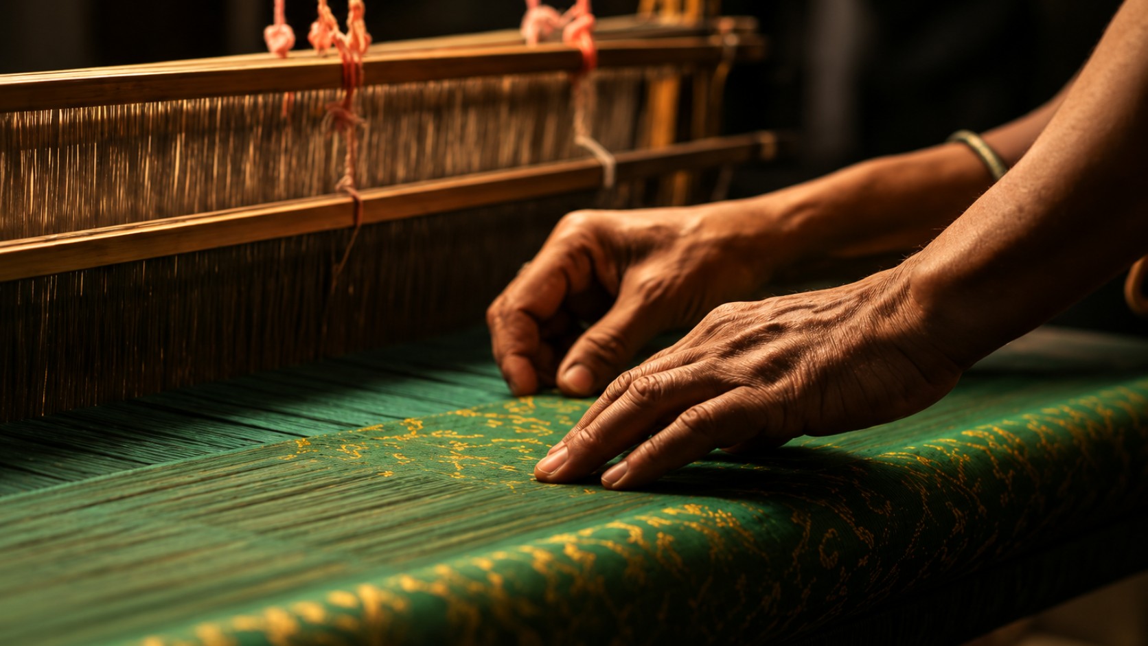 Artisan weaving fabric on a traditional loom