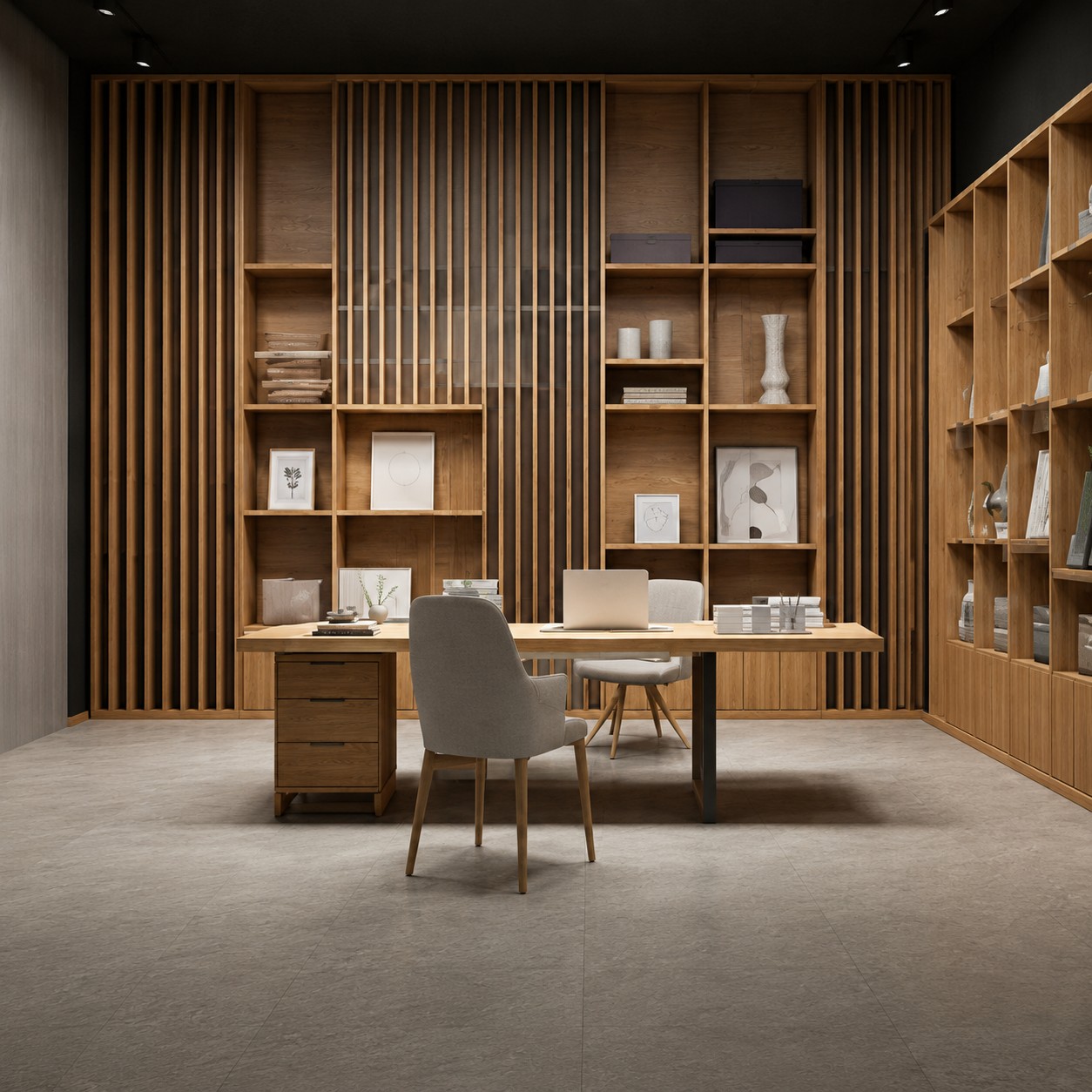 Custom-built wooden study room with cabinetry