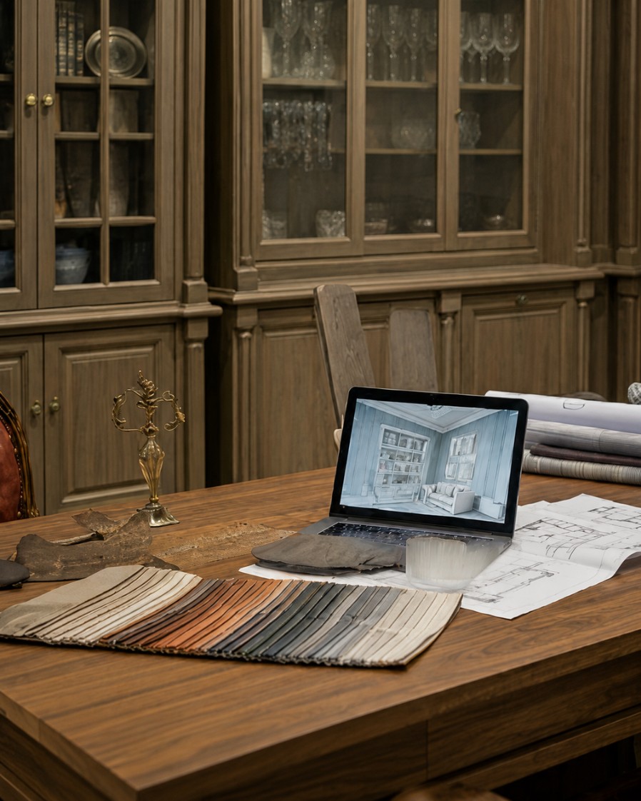 Designer's desk with a laptop, fabric swatches, and blueprints