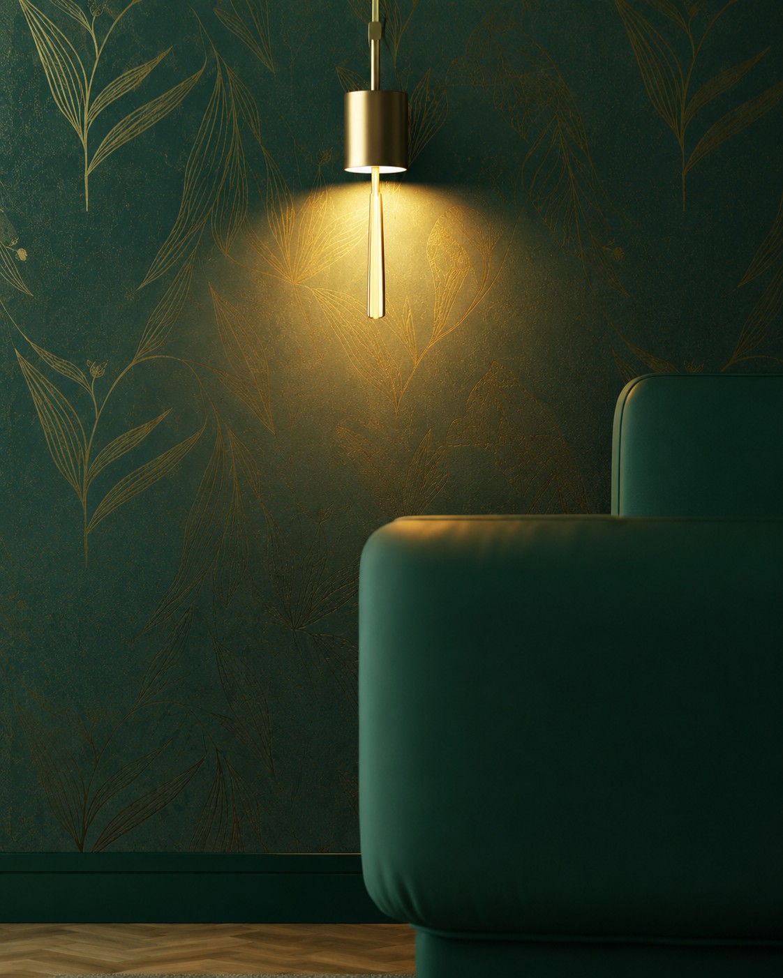 Teal patterned wallpaper with a wall lamp